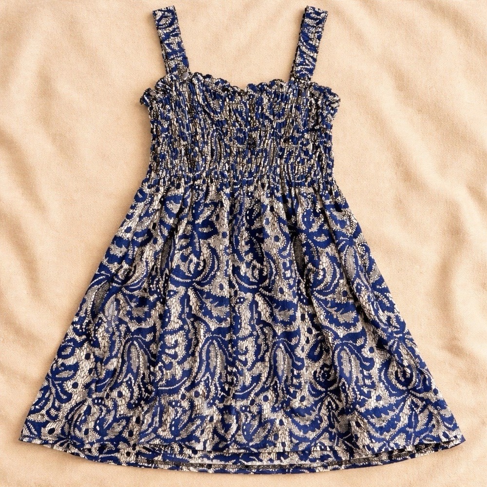 Smocked Paisley Mini Dress Metallic Foil Boho Babydoll Blue L Seven Islands